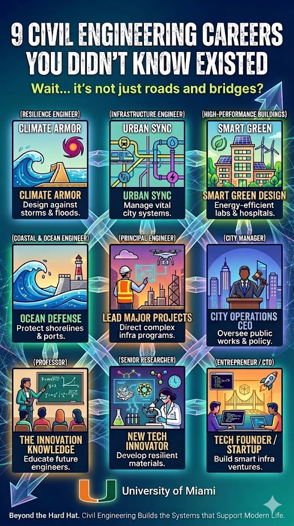 InfraDurability's tweet photo. Most people think civil engineers only design roads and bridges. But the field spans from climate resilience to smart infrastructure and even entrepreneurship.
#CivilEngineering leads to multiple career pathways, #ResilienceEngineer, #CityManager, Professor, CTO, ... #FutureCanes https://t.co/F6d5pJoeoA