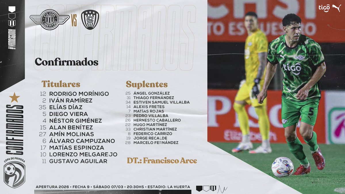 📝 ✔️¡Equipo confirmado!

El onceno de #LIBERTAD para enfrentar al Sportivo Luqueño.

#VamosGUMA
#AperturaAPF2026