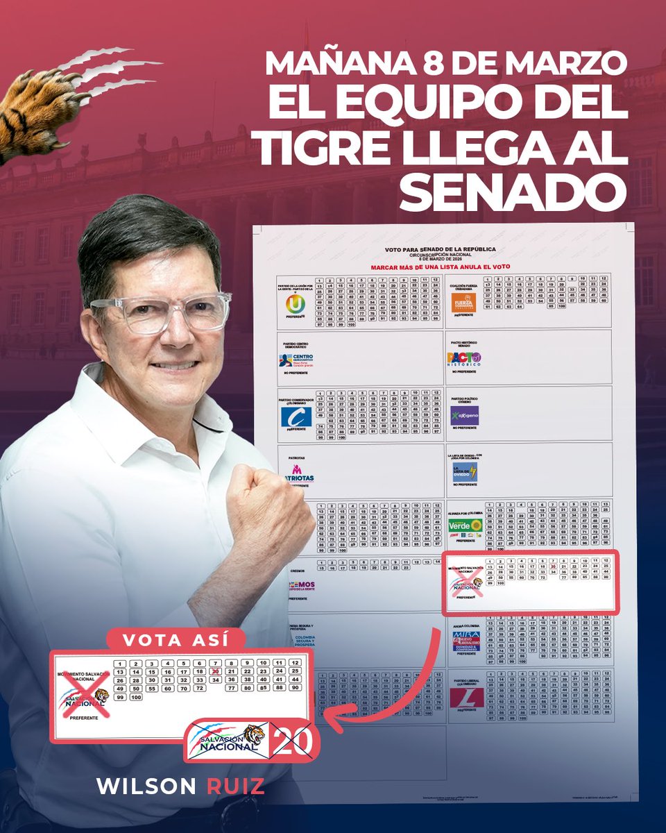 Mañana 8 de marzo es el día. Vamos a llevar al Senado un equipo firme, sin miedo y sin excusas.

Vota así: Salvación Nacional – #20 ✅
🗳️ Wilson Ruiz al Senado #20
🐯 El Senador del Tigre
🇨🇴 ¡Salvemos a Colombia juntos!