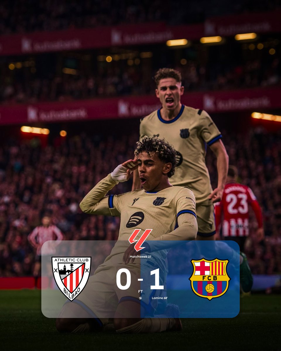 FULL-TIME : Athletic Bilbao 0-1 FC Barcelona  

Permainan FC Barcelona malam ini tidak telalu dominan, cuma satu gol dari Lamine Yamal sudah cukup buat membawa pulang 3 point, dengan kemenangan ini Barca tetap menjaga jarak 4 point dari Real Madrid. Vamoss!!