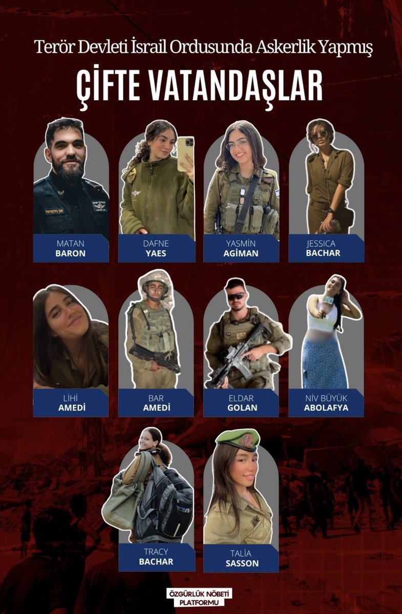 🔴
BASINA VE KAMUOYUNA

ÇİFTE VATANDAŞLAR HAKKINDA SUÇ DUYURUSU

Küresel terör şebekesinin en büyük aktörü  soykırımcı işgalci İsrail, 7 Ekim 2023'ten günümüze kadar özellikle Gazze'deki yıkım, katliam ve insanlık dışı uygulamarını arttırarak devam etmektedir. Emperyalist