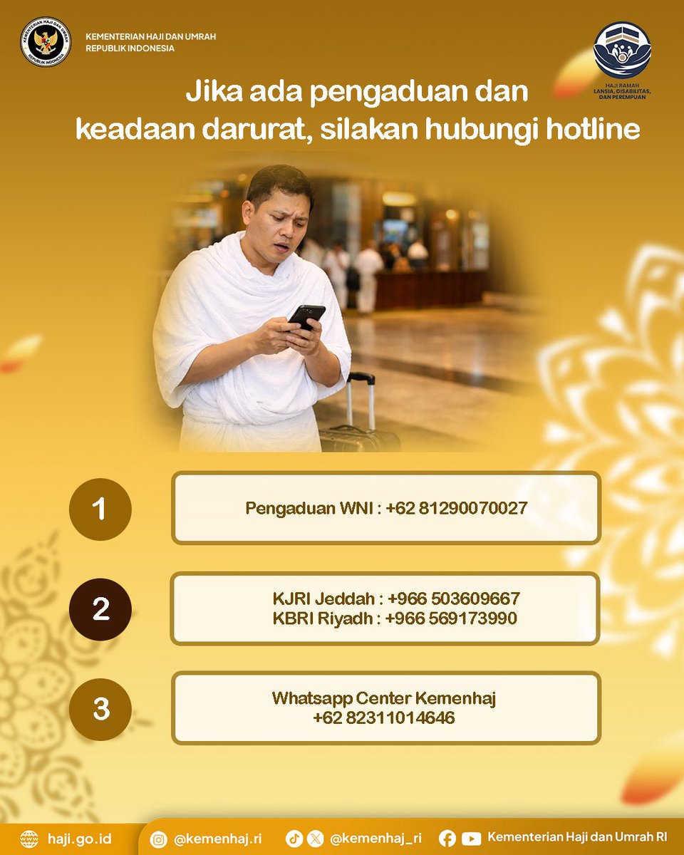 𝐓𝐢𝐩𝐬, 𝐀𝐝𝐚 𝐊𝐞𝐧𝐝𝐚𝐥𝐚 𝐉𝐞𝐦𝐚𝐚𝐡 𝐔𝐦𝐫𝐚𝐡 𝐌𝐞𝐧𝐠𝐡𝐮𝐛𝐮𝐧𝐠𝐢 𝐊𝐞𝐦𝐚𝐧𝐚?

Assalamu’alaikum #SobatHaji

Menunggu kepulangan di Arab Saudi? Tetap tenang, ikuti arahan petugas, siapkan dokumen, dan pantau info penerbangan.

Butuh bantuan?

Hubungi hotline kami 🙏🏻