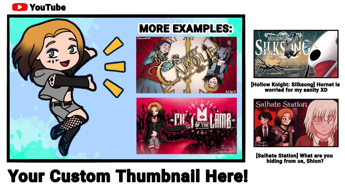 Illeanascorner's tweet photo. Looking for a good thumbnail for your stream or video? I can help you! I'm opening Custom Thumbnail Commissions!❤️
The information and examples are in the images, my DMs are open for more information and commission❤️
#Commission #ThumbnailCommission #Illeanascorner #MilaKyu_OC https://t.co/6HFomZG259