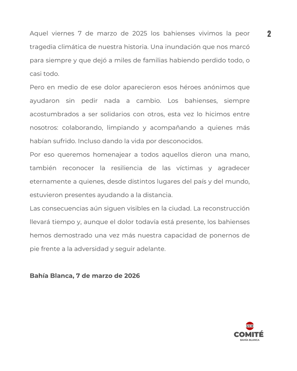 UCRBahiaBlanca's tweet photo. A un año de la peor tragedia climática que vivió Bahía Blanca, recordamos a las víctimas y valoramos la solidaridad de toda la comunidad. Sigamos trabajando juntos para reconstruir lo que falta y fortalecer nuestra ciudad. https://t.co/ok6Iaf7DFE