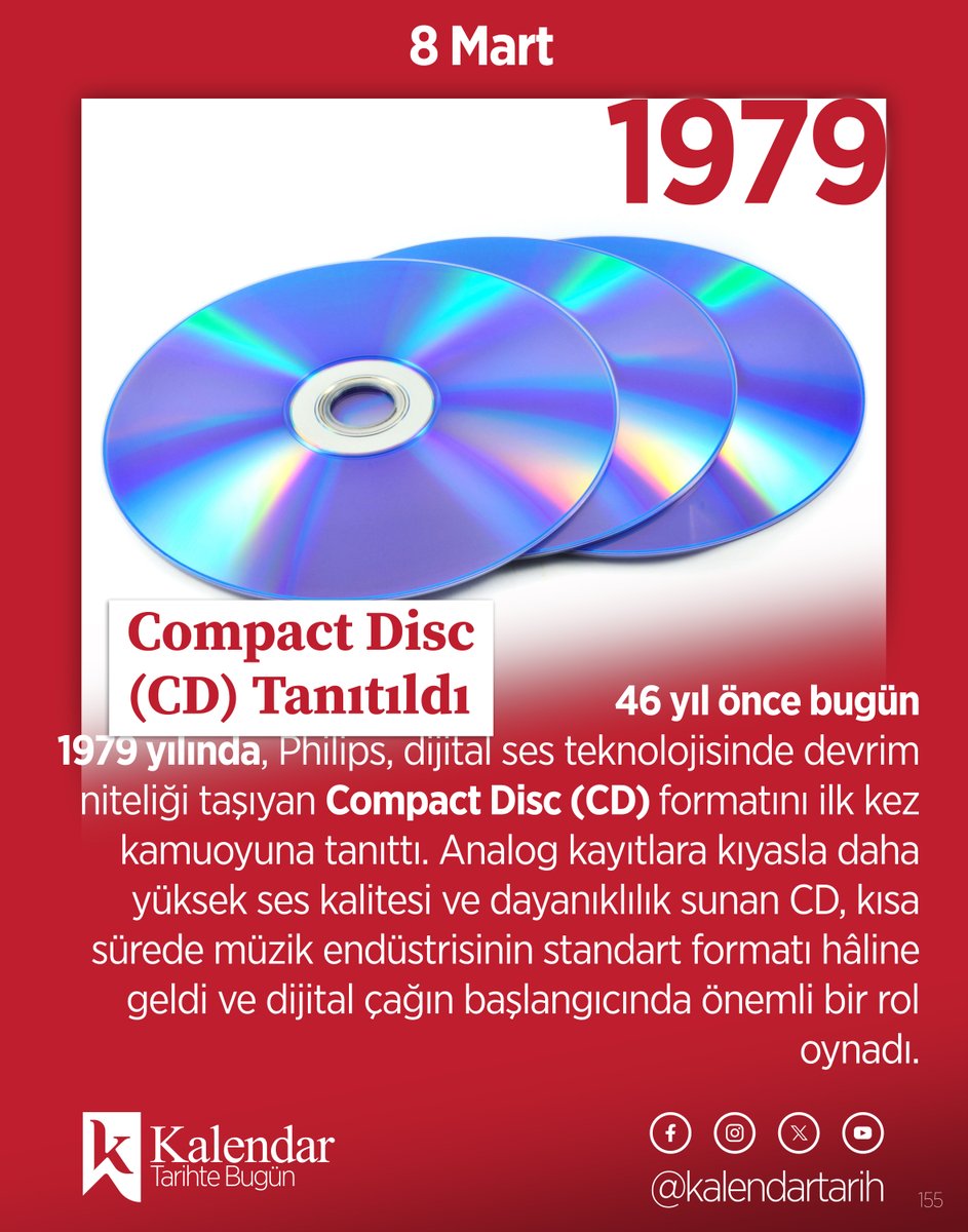 kalendartarih's tweet image. 8 Mart 1979
Compact Disc (CD) Tanıtıldı

#Kalendar 
#TarihteBugün #1979 #CompactDisc #CD #Philips #DigitalAudio #MusicHistory #Technology