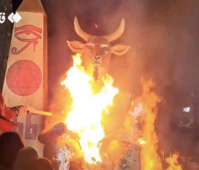 dexiewrites's tweet photo. Iranians burned a statue of Baal, Netanyahu’s child-sacrificing god. https://t.co/DTkHE5IoHT