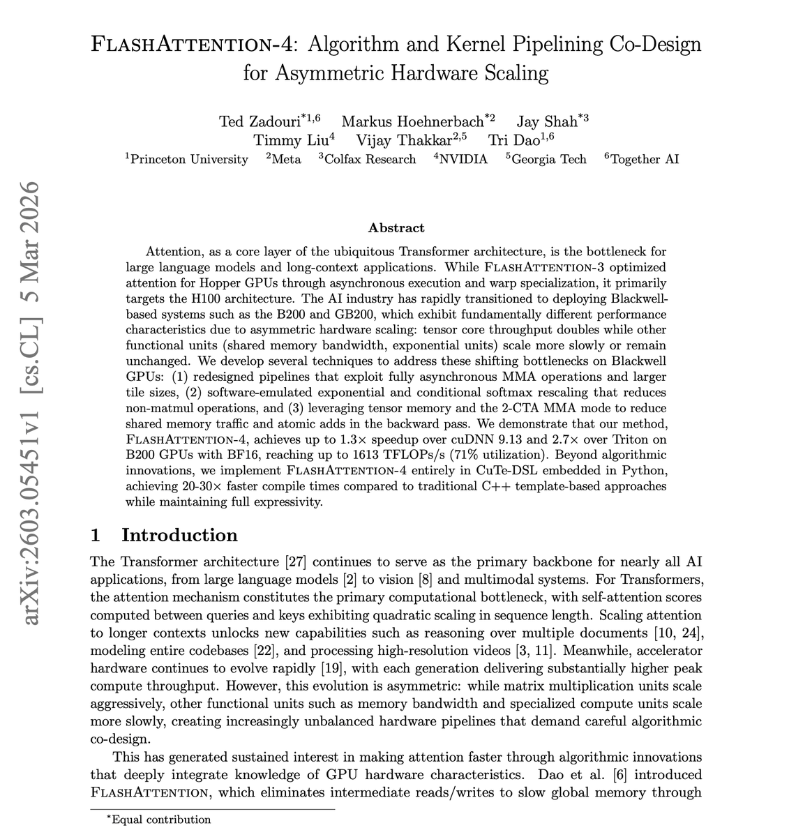 dair_ai's tweet photo. New research: FlashAttention-4

FlashAttention-4 achieves up to 1.3x speedup over cuDNN 9.13 and 2.7x over Triton on B200 GPUs with BF16.

FlashAttention-4 co-designs algorithms and kernel pipelines for Blackwell GPUs, where tensor core throughput doubles but memory bandwidth and exponential units scale more slowly.

The techniques include fully asynchronous MMA operations, software-emulated exponential rescaling, and leveraging tensor memory to reduce shared memory traffic.

FlashAttention-4 achieves up to 1.3x speedup over cuDNN and 2.7x over Triton on B200 GPUs, reaching 1613 TFLOPs/s at 71% utilization.

Implemented entirely in Python via CuTe-DSL with 20-30x faster compile times compared to C++ templates.

Paper: https://t.co/wBiS51m8Bm

Learn to build effective AI agents in our academy: https://t.co/LRnpZN7deE