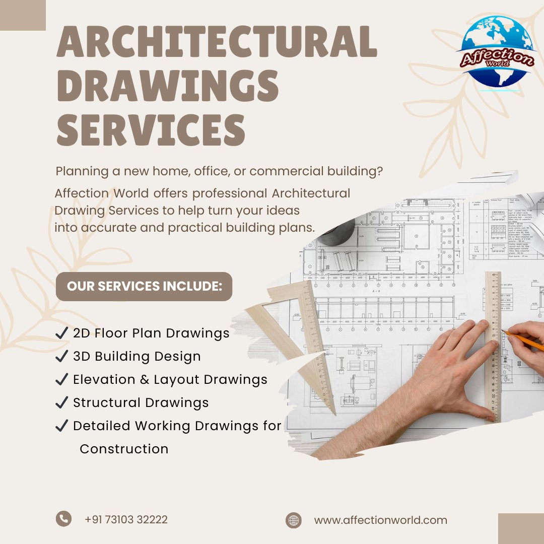 affectionworld1's tweet photo. 📐 Affection World – Architectural Drawings Services 🏗️

Planning a new home, office, or commercial building?

📞 Contact Affection World today for reliable architectural drawing services.
#AffectionWorld #ArchitecturalDrawings #BuildingPlan #FloorPlan #3DDesign #ConstructionPlan https://t.co/kSMwHusAk5
