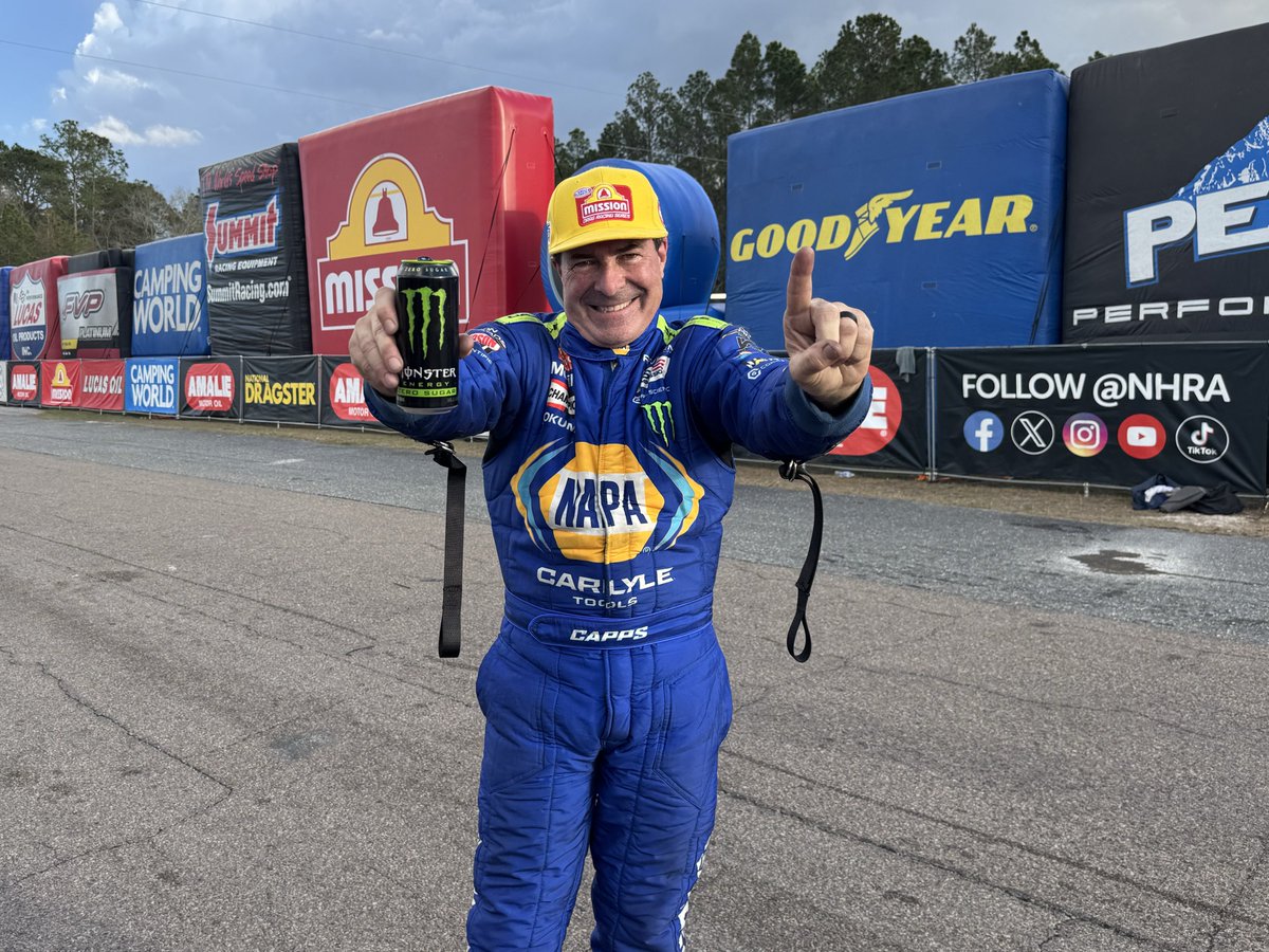 NHRA's tweet photo. .@RonCapps28 picks up his first No. 1 qualifier since the 2023 season! 

Amalie Motor Oil #Gatornats • @TeamRonCapps • @GvilleDragRaces https://t.co/oQqwvBQJYQ