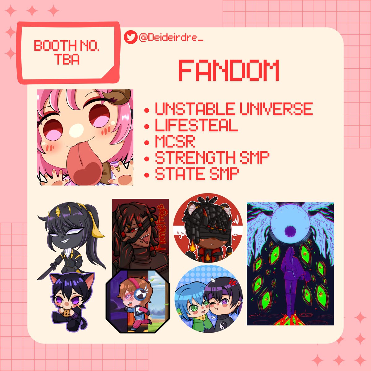 🐑 Dei's #cf22catalogue 🐑

📅 8th March - 23rd March
📦 OTS Both days + Mail Order 🇮🇩
🎨 Anggoon ( Angkringan Goon )
⚒️ Fandom: Various MCYT ( Unstable Universe, Lifesteal, MCSR, StrengthSMP, StateSMP )

📎 form.jotform.com/260655886406467

[ RTs are Appreciated ❤️ ]

#CF22 #comifuro22