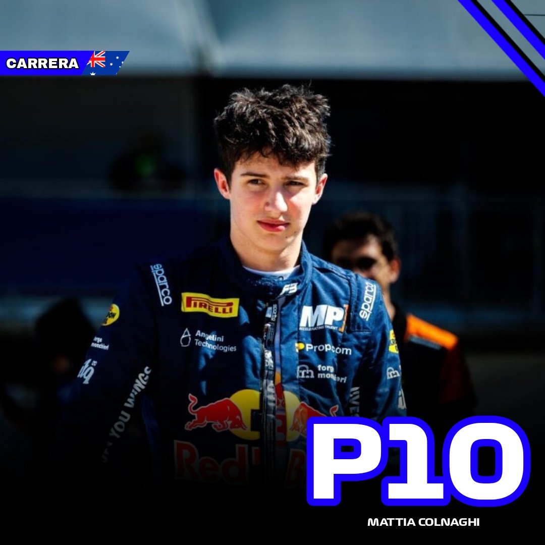🏁  🇦🇺  CARRERA  🇦🇺  🏁

Un P10 para Mattia Colnaghi en carrera.

Carrera complicada, perdió varias posiciones, pero suma su primer punto y le gana a sus compañeros de equipo.

ESTO RECIÉN COMIENZA. 🐂🇦🇷