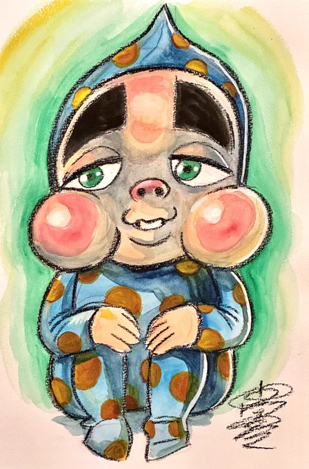 おはようございます 「坊や」 ダーマトグラフ、顔彩 #アナログイラスト