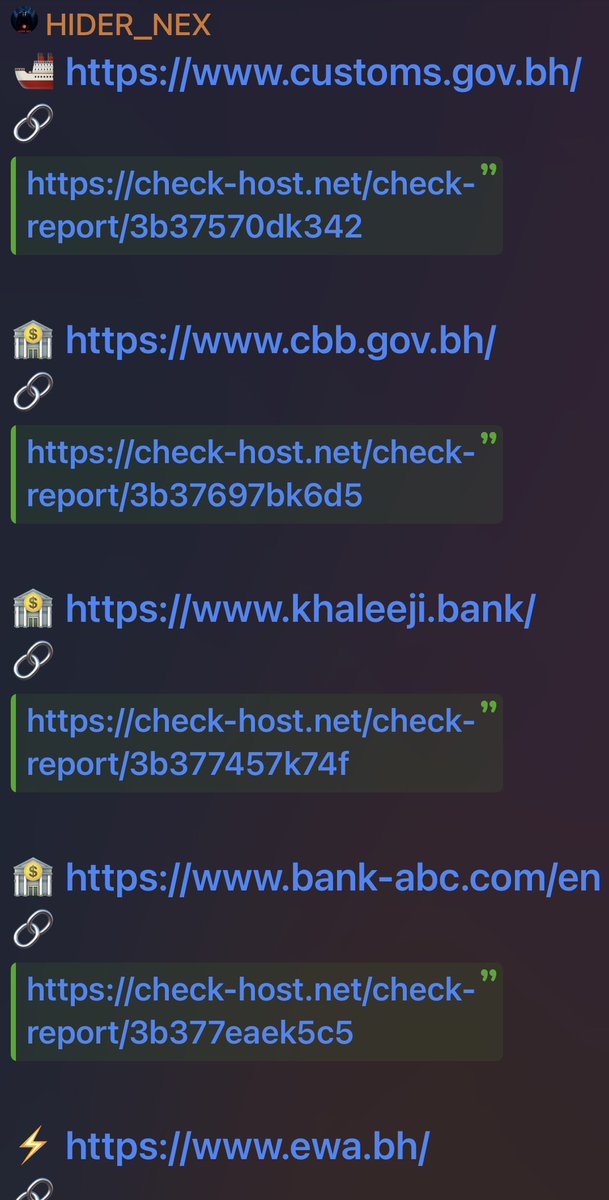 FalconFeedsio's tweet photo. ๐จ Cyber Alert: Hacktivist Group Claims Attacks on Bahrain ๐ง๐ญ Government Sites
The hacktivist group Hider_Nex claims it has targeted multiple Bahraini government and financial websites as part of #OpBahrain, sharing uptime monitoring reports indicating possible disruptions.
Alleged targets include:
โข https://t.co/o7fjb20hee โ Prime Ministerโs Office
โข https://t.co/a0MIhxuuDU โ National Institution for Human Rights
โข https://t.co/mZClWkO6Rq โ Central Informatics Organization
โข https://t.co/wB8nIve0dw โ Information & eGovernment Authority
โข https://t.co/QN1BwPBalX โ Ministry of Foreign Affairs
โข https://t.co/kJdDRAHbpL โ Ministry of Interior
โข https://t.co/7WFwwT22xv โ Ministry of Justice
โข https://t.co/LDatlNWNWo โ Ministry of Industry & Commerce
โข https://t.co/YPbVCLmxyE โ Ministry of Education
โข https://t.co/Rnl4dCH2Nb โ Ministry of Health
โข https://t.co/Q5L9N5BAIX โ Ministry of Housing
โข https://t.co/geO8TAmtZi โ Bahrain Customs Affairs
โข https://t.co/SK5MbpqS4t โ Central Bank of Bahrain
โข https://t.co/YBQV0MHP8d โ Electricity & Water Authority
Financial institutions also mentioned:
โข https://t.co/E5U8VNQIxP
โข https://t.co/t7yqTq5Neq โ Arab Banking Corporation
โ ๏ธ These claims originate from hacktivist sources and remain unverified. Sites are up and active at the moment.