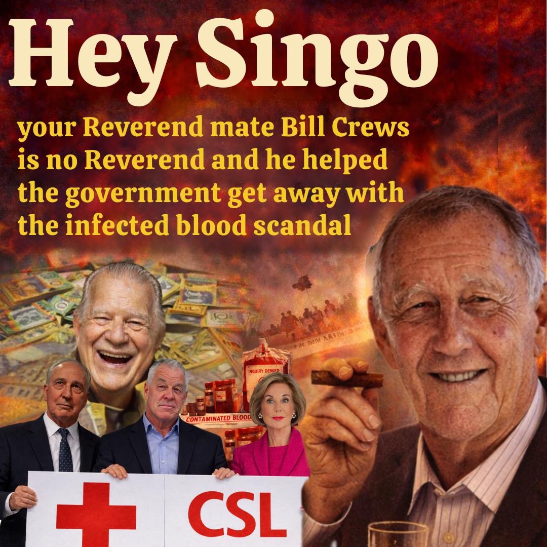 InfectedBloodAu's tweet photo. #Australia’s advertising guru #JohnSingleton sponsored a Reverend who ended up helping the government getaway with their coverup over Australia’s deadliest medical scandal #taintedblood transfusions.
#RevBillCrews broke his promise to call on his close friend Australia’s Prime Minister #AnthonyAlbanese for a Royal Commission of inquiry into the #InfectedBloodScandal, which he admitted killed his own wife Jill and infected one of their daughters.
Why did Reverend Bill Crews of #Radio2GB break his promise?
#Singo would know why and all about how government works.
#Labor and Albanese gave Reverend Bill Crews a $10 million pay off and the rest just like the lives of tens of thousands of affected Australians are apparently HISTORY.
This scandal included thousands of Aussie mums, who like Crews’ ex wife Jill were killed by it.
We have also had hundreds of children killed by their tainted blood treatments which our lawyers have appraised as being caused by MANSLAUGHTER.
Singo your sponsorship of this Reverend Bill Crews bloke hasn’t worked out for Australia.
He betrayed the campaign for justice.
Crews is corrupt and as Singo himself knows…While Crews may be a showman, given how he treated his wife and our group of victims and had the homeless coerced into Covid jabs, he’s NO REVEREND!
Be part of making justice happen and purchase a Make Accountability Happen Again cap here https://t.co/fHNwXrezt0
Support a Royal Commission of inquiry into the Australian Red Cross/CSL Infected Blood Scandal here https://t.co/A3ow0CYy0Z
#Christian #UnitingChurch #Advertising #Law