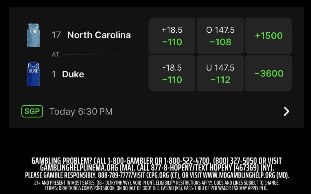 UNC vs Duke Preview <a href="/DKSportsbook/">DraftKings Sportsbook</a>🏀

Line Movement (Open➡️Now)
ML: Duke -2400➡️-3600
Spread: Duke -16.5➡️-18.5
Total: 144.5➡️147.5

Trends
- Duke has won each of its last 31 games at Cameron Indoor Stadium
- Duke has won the first half in each of its last 19 night games as a