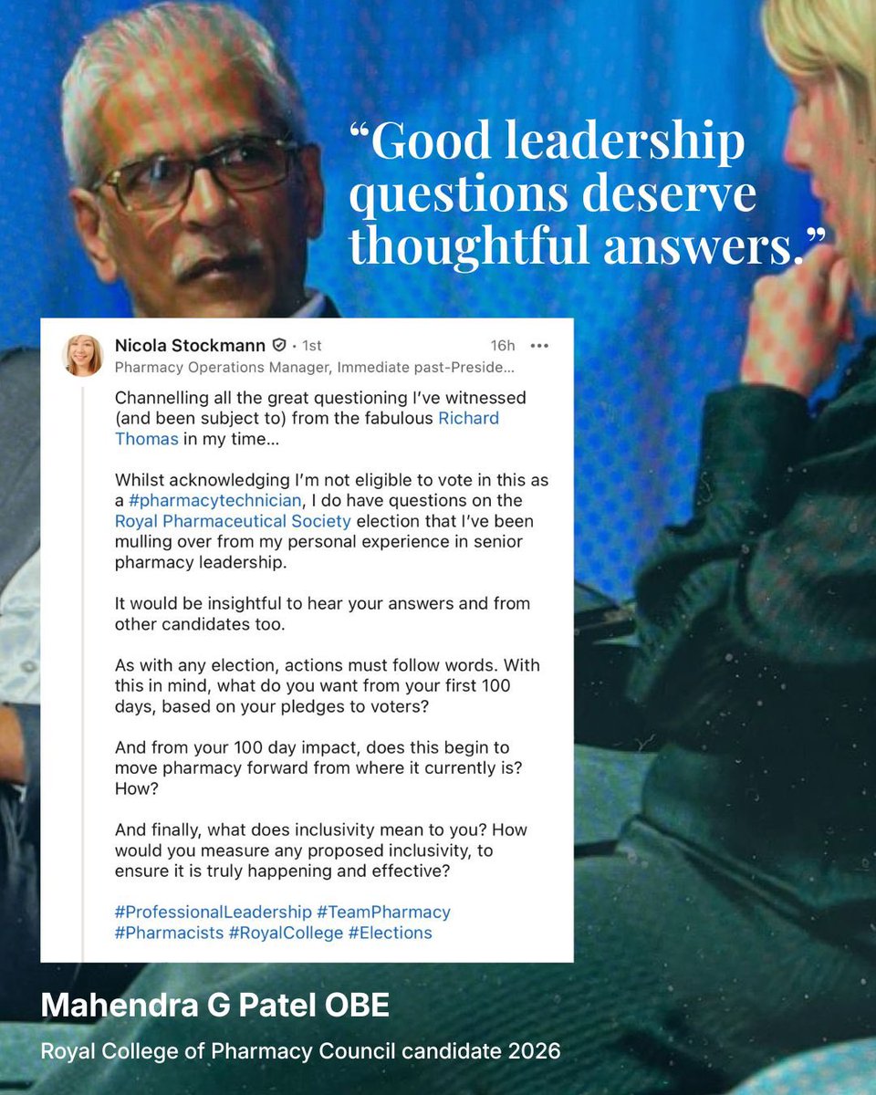 drmahendrapatel's tweet photo. Pharmacy Council Elections : Good leadership questions deserve thoughtful answers.

Important points raised by Nicola Stockman below — which go to the heart of the transition pharmacy is navigating towards becoming a Royal College of Pharmacy.
#Pharmacy #ProfessionalLeadership https://t.co/ED7mPcnbgW