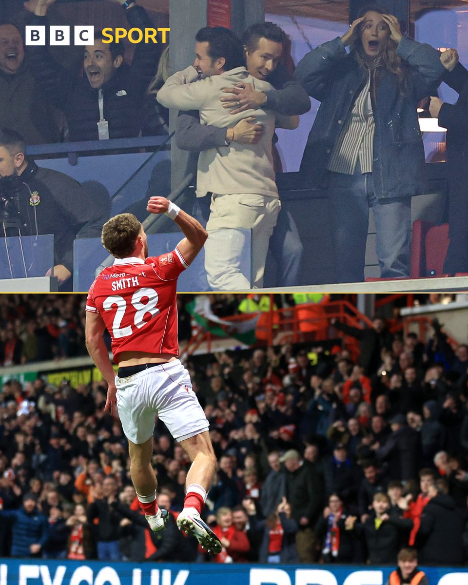 Hollywood scenes! 🤩

Wrexham co-owners Rob Mac, Ryan Reynolds and his wife Blake Lively celebrate after Sam Smith's opening goal against Chelsea!