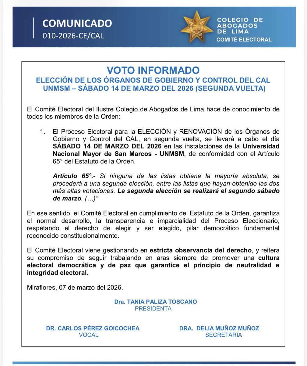 deliamunozym's tweet photo. El próximo sábado se realizarán las elecciones en segunda vuelta para elegir al nuevo Decano/a del CAL y serán en la ciudad universitaria de San Marcos de 8 a 4 !! https://t.co/v14eokhy2C