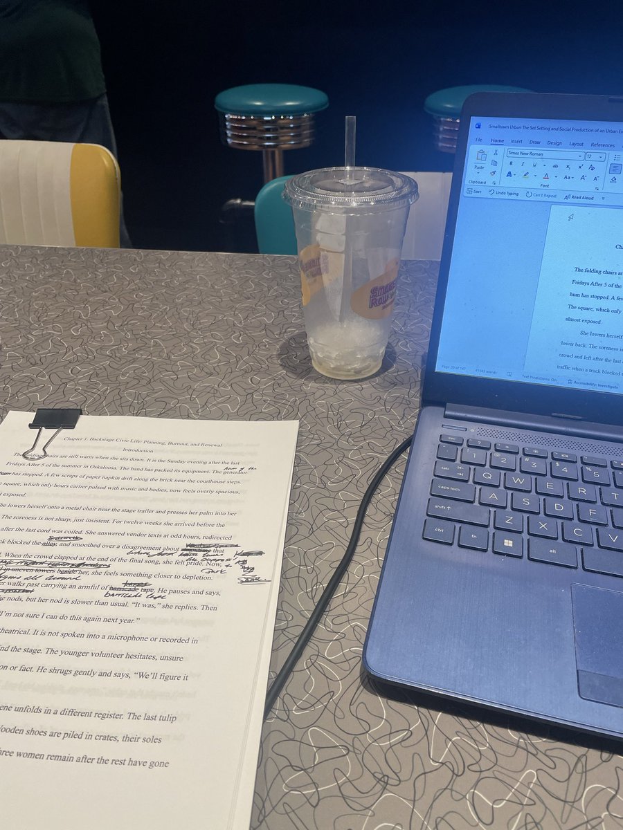 ProfessorJohnst's tweet photo. The first draft of my book manuscript is completed and proofread. I’m now making the necessary edits. Keep your eyes out on @BloomsburyBooks for “Smalltown Urban: Performing the City in Rural America”. #intensemoments #smalltownfun https://t.co/nOqfP57PiL
