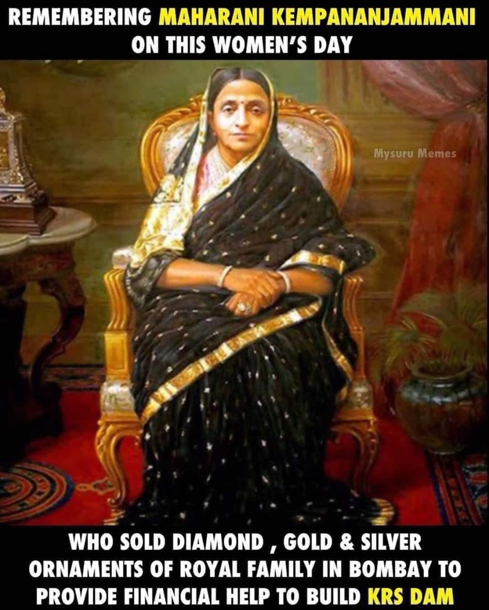 Girishvhp's tweet photo. When 32-year-old Shri Chamarajendra Wadiyar X, king of Mysore, fell ill and died, his son was still a minor. It was also the year when a severe epidemic of bubonic plague struck the city. This was when his wife, Maharani Kempa Nanjammani Vani Vilasa Sannidhana, took over as queen regent and ruled Mysore for eight memorable years.
During her rule Bangalore and Mysore saw great progress. The Shivanasamudra hydroelectric project, Asia’s first, was commissioned, drinking water to Bengaluru was provided from Hesaraghatta Reservoir, the Rani started many schools for girls and 12000 girls got to study during her time, she lay great stress on pre and post-natal care for women and opened several hospitals and dispensaries.She also donated 372 acres of land to start the Indian institute of Science in Bengaluru.

Rani Vani Vilasa is remembered as a dynamic ruler who contributed greatly to the welfare of the people of Karnataka.
#WomensDay