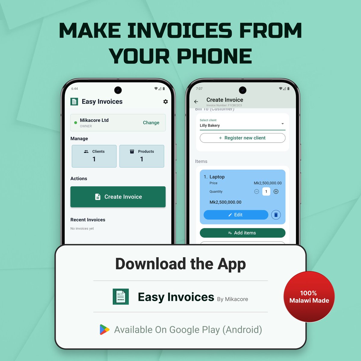 I've always disliked how I had to wait to get to my laptop just to create an invoice. And then battles with word or excel😭😭 So i made a easy to use and quick app for making professional invoices for my business.

In Malawi and doing business? try it out play.google.com/store/apps/det…