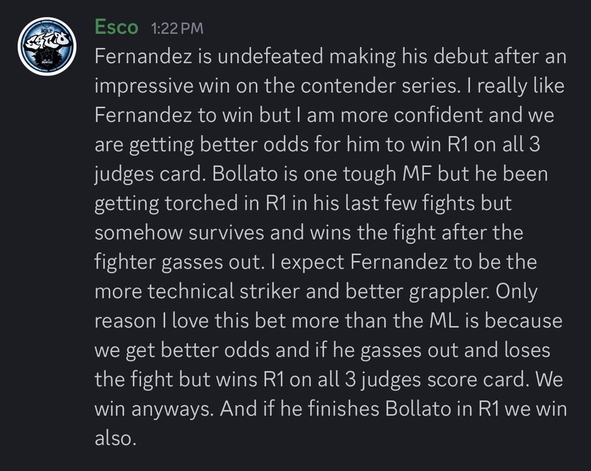 WBouphavan's tweet image. Fernandez is 6-0 and has 4 R1 finishes, making his debut. He is the more technical striker and better grappler vs Bellato who hasn’t won on any judges score card in R1. He has 4 UFC fights and is 0-9 and a NC in R1 in his career.  Join the discord for all our bets. Link in bio.
