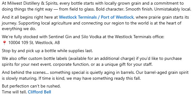 MilwestSpirits's tweet photo. Crafted on the prairies. Poured with purpose. π₯
#SentinelGin #SiloVodka #DrinkLocal #PrairieCraft #FarmToGlass #Westlock #WestlockTerminals #WTLTerminals @WTLTerminals #PortOfWestlock #MilwestDistillery @MilwestSpirits https://t.co/GMSqTGU7dU
