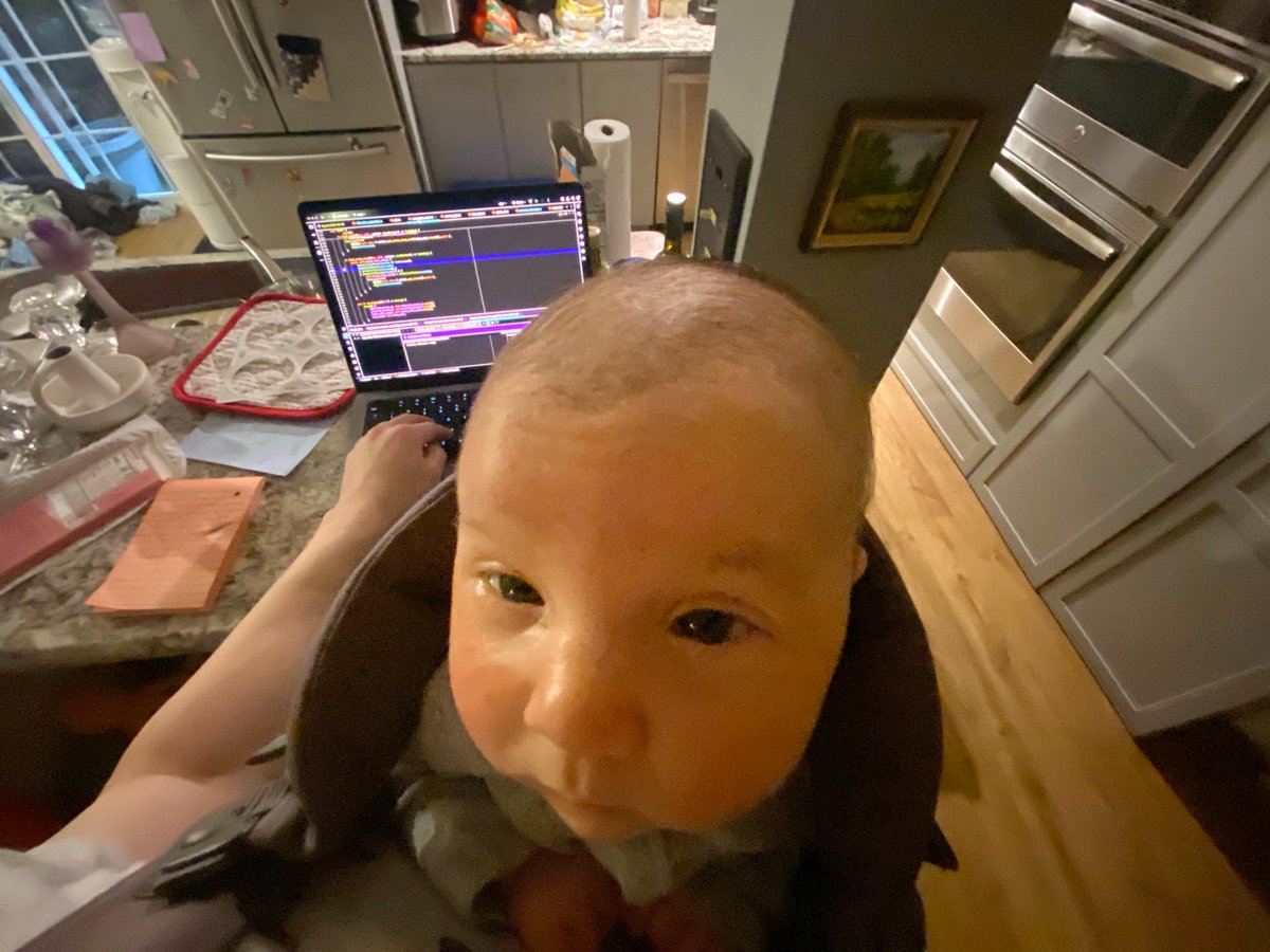 I am on parental leave right now, and I am carrying our newborn around all day in the baby carrier, so this is often my field of view.