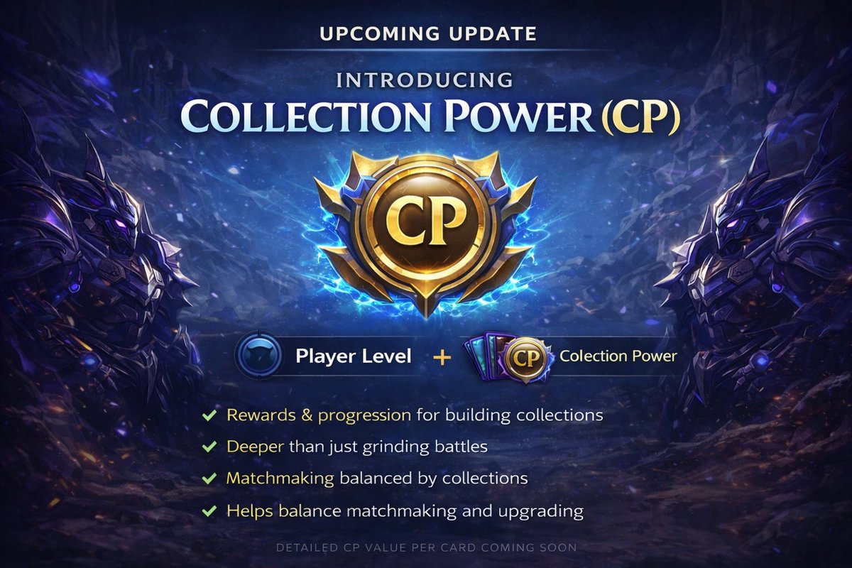 ⚙️ Upcoming Update: Collection Power (CP)

We’re introducing Collection Power (CP) to Voids Genesis.

Soon, your rank will be determined by both:

📊 Player Level
🃏 Collection Power (CP)

Your final rank will be based on the lower requirement between the two.

⸻

📌 Example
If