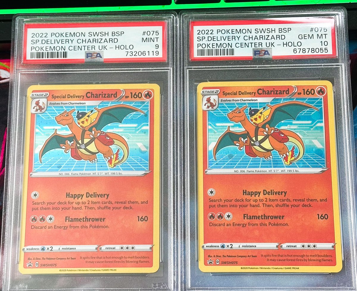 LordCharizard33's tweet photo. There’s absolutely no reason on planet earth why these two cards should have a $1700 price difference. https://t.co/iptvzkyyIj