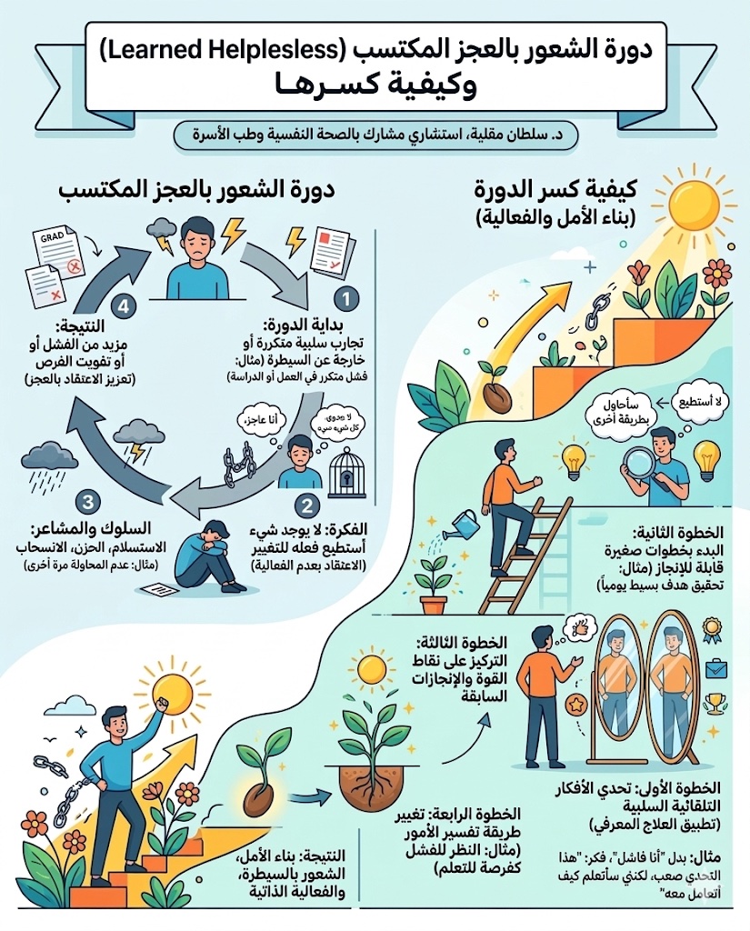 sultan_magliah's tweet photo. هل سمعت عن العجز المكتسب؟

العجز المكتسب (Learned Helplessness) هو حالة نفسية يصل إليها الإنسان بعد تعرضه لمواقف سلبية خارج سيطرته بشكل متكرر، فيعتقد تدريجيًا أن جهوده لا تُحدث فارق، فيتوقف عن المحاولة حتى لو أصبحت الظروف تسمح بالتغيير.

📍تعرّف على دورة العجز المكتسب وكيف تكسرها https://t.co/8jDX5SGl7I