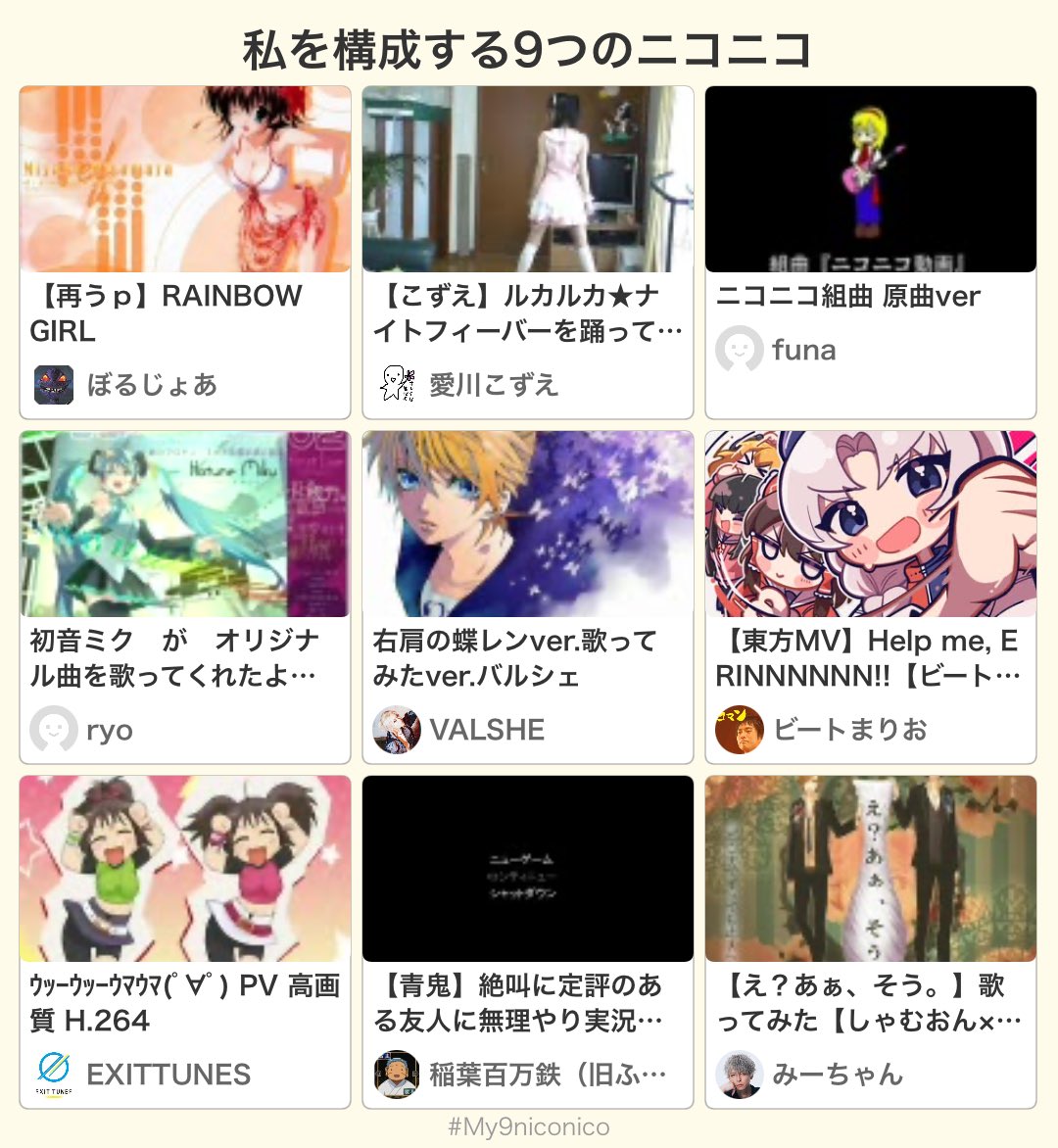 私を構成する9つのニコニコ
#私を構成する9つのニコニコ #My9niconico
my9niconico.nicoranweb.com/s/?v=sm1714828…