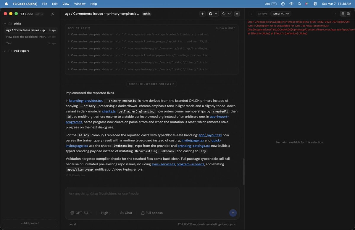 dansdet's tweet photo. @theo Are you guys rolling out updates for T3 Code the same way codex app and cursor do?

Bug report in the diff tab: https://t.co/lkpdDmklMg