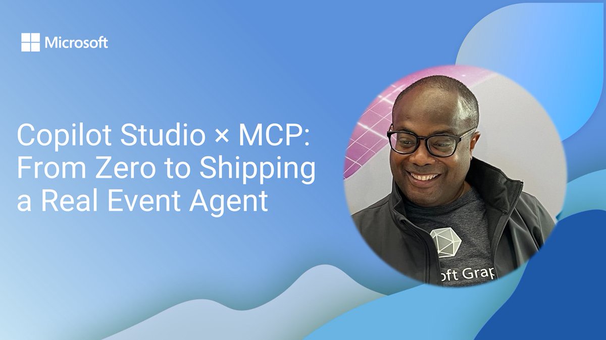 Microsoft365Dev's tweet image. 💡 Copilot Studio × MCP: From Zero to Shipping a Real Event Agent

@FabianWilliams shows how #CopilotStudio and MCP work together to build a real event agent, integrating conference data, calendars, and tools via a reusable protocol

📺 Watch now → msft.it/6016Q9Cjn
