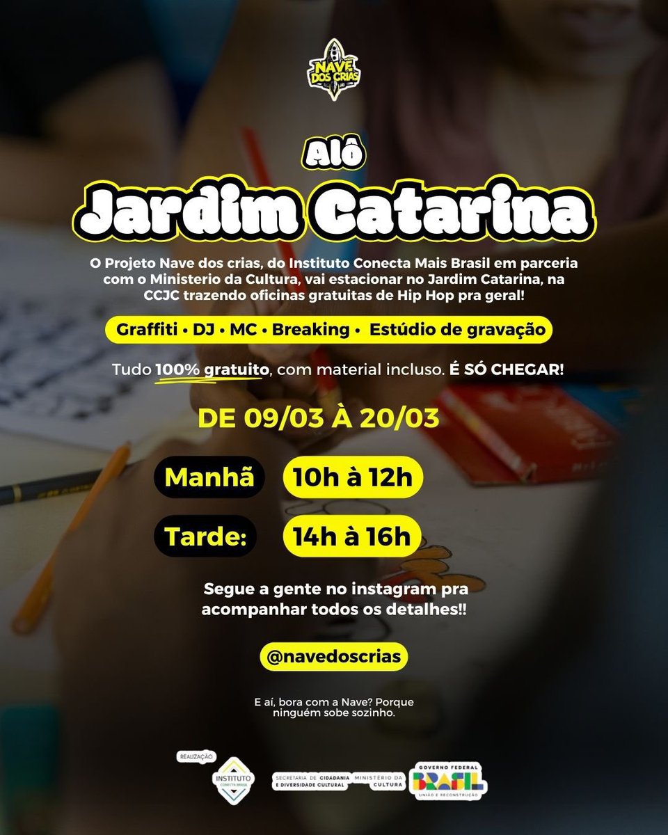 Jef_Rodriguez78's tweet photo. Salve Jardim Catarina SG!! 

Nessa segunda-feira. 09/03, a Nave dos Crias estará pousando na sua área, com estúdio móvel e oficinas de Breaking, MC, Graffiti, e DJ. 

Tudo isso de forma gratuita. 

Vai lá no perfil da nave e se inscreve. 

Boraaaaa…

https://t.co/qoJenYJNFX https://t.co/k1gLnyXtfR