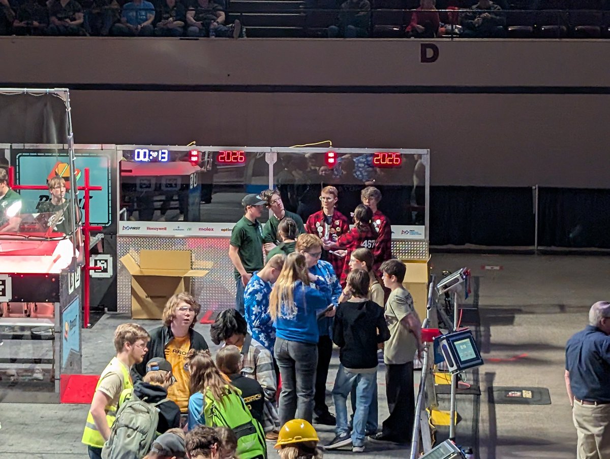 HeadiusEnts's tweet photo. OMG! @FRC3883 Data Bits (in green) was picked for alliance #8 in the finals at First Robotics Challenge Lake Superior Regionals! So proud of our team making the playoffs! 🤩 Go team! https://t.co/wPo5lePJSU
