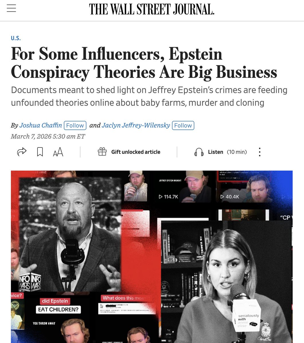 sayerjigmi's tweet photo. Today the WSJ published a piece on Epstein "conspiracy theories" — cannibalism, beef jerky as human flesh, baby farms.

Also today, I published 24 federal DOJ exhibits documenting Epstein's 8-year operational cloning program: his cells in liquid nitrogen at Harvard, a $9.5M designer baby company, an overseas surgical lab structured to evade US law.

For context: the phrase "designer baby" isn't fringe vocabulary. The NIH indexes a peer-reviewed university genetics curriculum built entirely around it. https://t.co/7Y5dnH4oIN

They covered the beef jerky crowd.
They didn't mention the exhibits.
They didn't mention the NIH.

👉You decide what's a conspiracy theory: 

Substack: https://t.co/8VNLrDVuA5

🧵Full thread on X: https://t.co/g6JpXywbH5