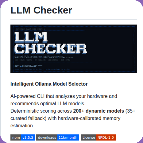tom_doerr's tweet photo. Matches LLM models to hardware

https://t.co/4vUHxIAXre https://t.co/8QzMPpeoUI
