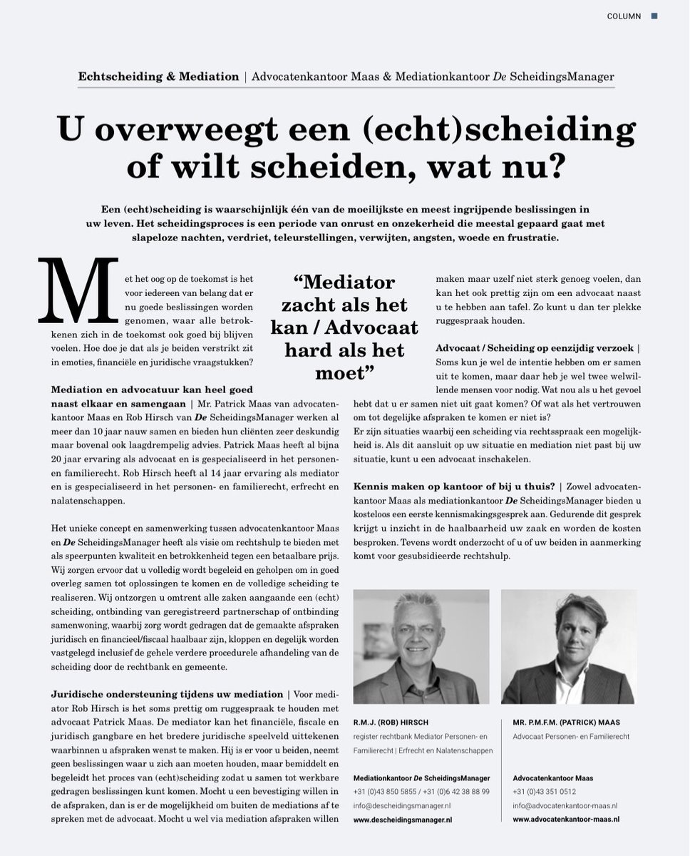 RobMJHirsch's tweet photo. Lees hier mijn column samen met mijn collega Mr. Patrick Maas, advocaat .

Benieuwd hoe wij jou/jullie kunnen helpen ?

Stuur een WhatsApp- , PB- bericht of mail voor informatie naar info@descheidingsmanager.nl 

Rob M.J. HIRSCH
Deskundige Familierecht | Erfrecht
06-42388899 https://t.co/ZwIg1ZlFaf