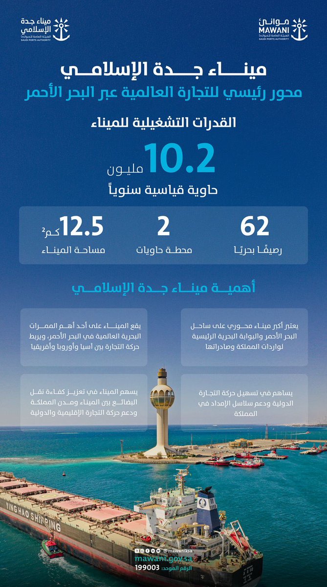 يواصل #ميناء_جدة_الإسلامي عملياته التشغيلية بكفاءة عالية، مع استمرار استقبال السفن ومناولة الحاويات والبضائع لدعم حركة التجارة وسلاسل الإمداد عبر البحر الأحمر.