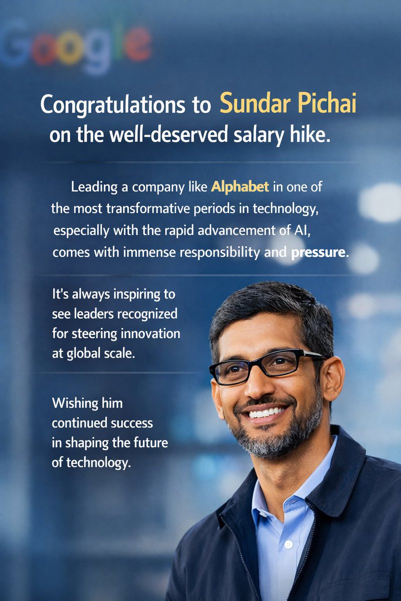 Yesh_1_th's tweet photo. Congratulations to Sundar Pichai on the salary hike.

Alphabet has approved a compensation package worth up to $692M over the next 3 years.

His base salary remains $2M annually, with the rest linked to shareholder value and company growth.

#BigTech #AI #Leadership https://t.co/dUlu4P1ImC