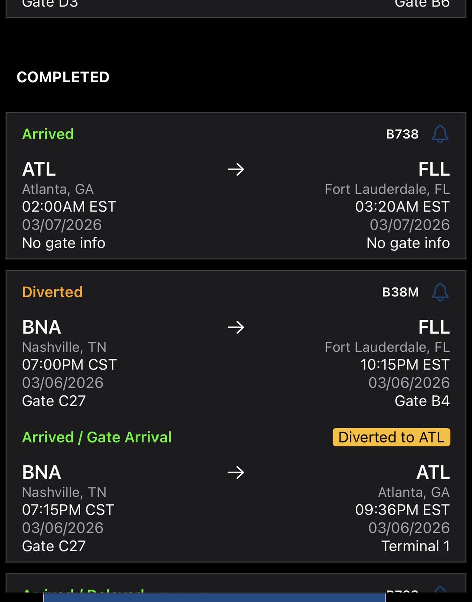 Treazzz's tweet photo. @karrahbooo There was also a SW flight that had to divert from BNA to ATL due to a threat. 
They sat in ATL for hours https://t.co/cf2vGGcDO5