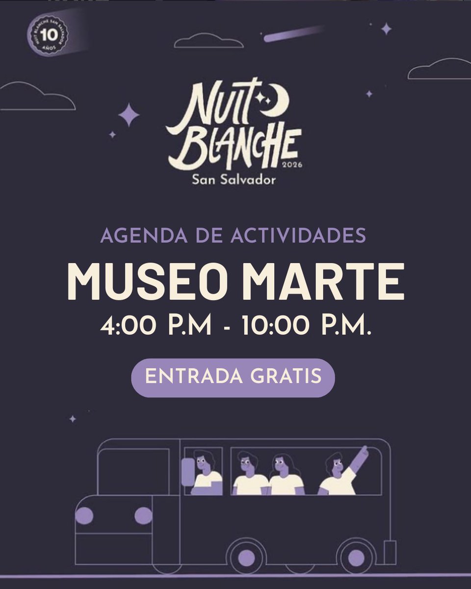Museo_Marte's tweet photo. Este 14 de marzo el Museo MARTE se vive de noche en la @nuitblanchesv

🎨 Recorridos guiados
🖌 Talleres familiares
🎬 Proyección de cortometrajes
🧸 Exhibición y venta de Art Toys
🎶 Música en vivo
🍴 Comida y bebida
🎈 Juegos inflables
♻️ Punto de reciclaje.
¡Y mucha diversión! https://t.co/dMIa1JoYZy