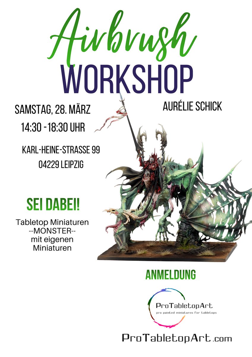 aurelie_schick's tweet image. Der Kurs ist anfängerfreundlich und ist speziell für größere #tabletop-Miniaturen gedacht. Ob Monster oder Scifi. Bring deine Miniatur oder #Miniaturen selbst mit und wir besprechen alles im Kurs.

Preis: 150 € inkl. #Airbrush Farben

protabletopart.com/shop/Airbrush-…