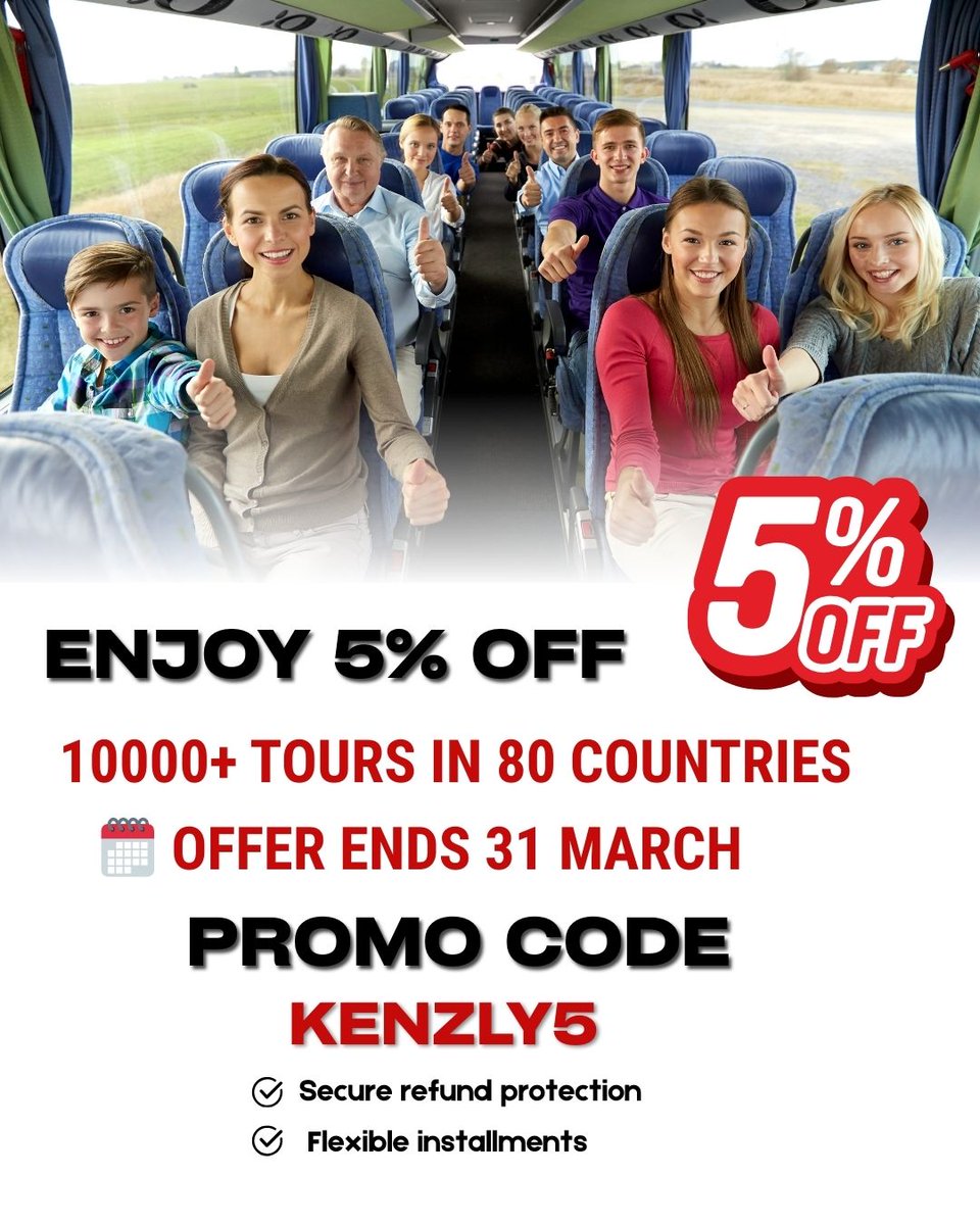 Kenzlyeu's tweet photo. 🌍 Enjoy 5% OFF on 10,000+ tours in 80 countries with Kenzly!

Travel more and pay your way with flexible installments and secure refund protection.

🗓 Offer valid until 31 March
🎟 Promo Code: KENZLY5

✓ Secure refund protection
✓ Flexible installments
✓ Thousands of tours worldwide

⭐ Book now: https://t.co/Zm2dQoyfUM

#kenzly #TravelDeals #thingstodo #travelmore #toursandactivities #TravelSmart #BookYourAdventure #TravelOffers #exploremore #xtravel #facebooktravel #instagramtravel