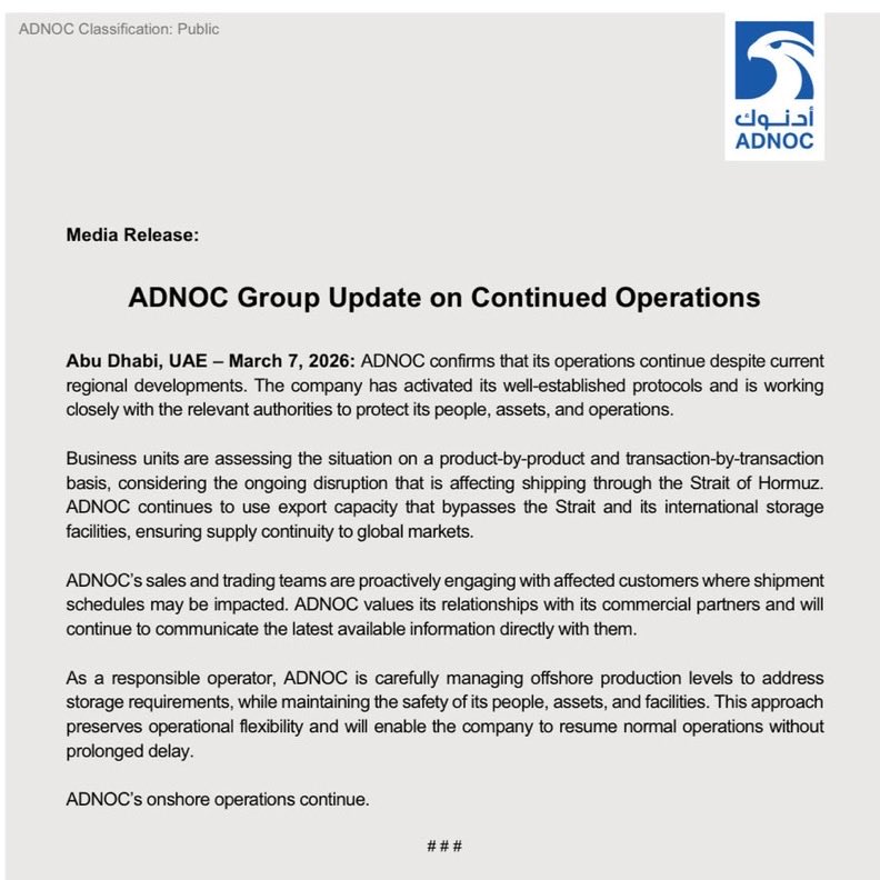 UAE state-owned oil company says it’s “managing” its offshore output and it’s using its export capacity to bypass the Strait of Hormuz