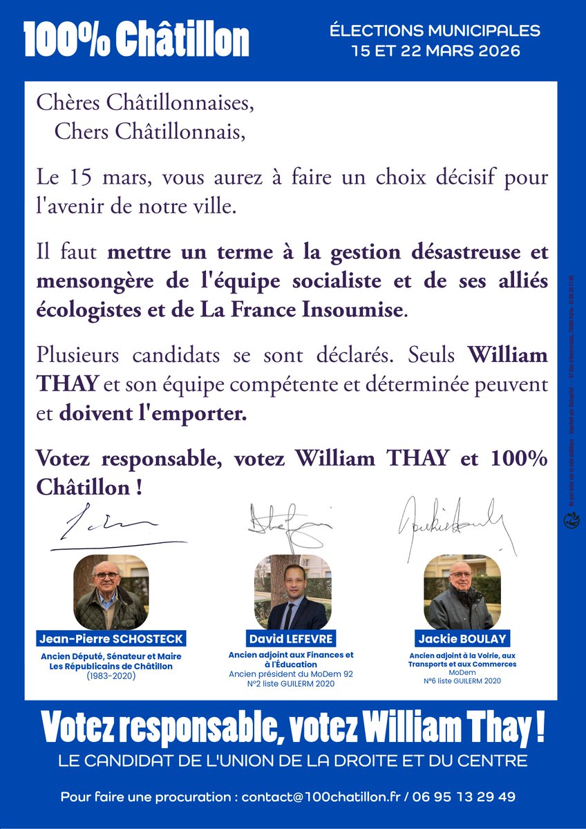 100Chatillon's tweet photo. Les grandes figures de la droite et du centre appellent à voter @ThayWilliam

Jean-Pierre Schosteck, ancien Maire de Châtillon, @_DavidLefevre , ancien adjoint à l'Éducation et numéro 2 de @Carole_Guillerm ainsi que J.Boulay, ancien adjoint à la Voirie et aux Transports https://t.co/SIzn7vs9H0