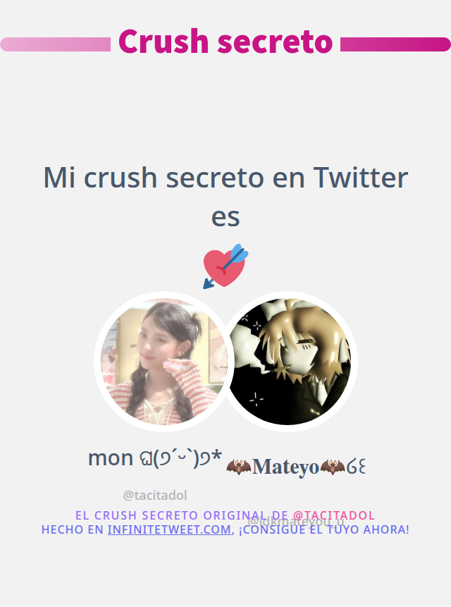 Mi crush secreto en Twitter es <a href="/idkmateyou_u/">🦇𝐌𝐚𝐭𝐞𝐲𝐨🦇໒꒰´ཀ`꒱১LIMIT</a>

➡️ infinitetweet.me/secret-crush?l…