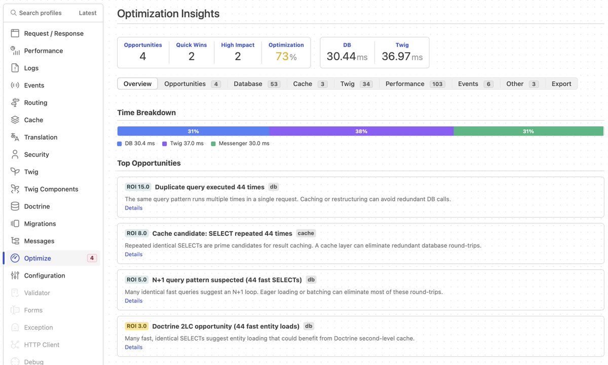Housik's tweet photo. @OskarStark Oskar, what about my new Symfony Profiler Optimization Advisor?

⚡ Detect performance bottlenecks
⚡Actionable optimization hints + prepared prompts
⚡ Directly queryable via Claude Code using new Symfony AI Mate MCP server

https://t.co/ATd7Mmp6dI https://t.co/bfokUNQIss