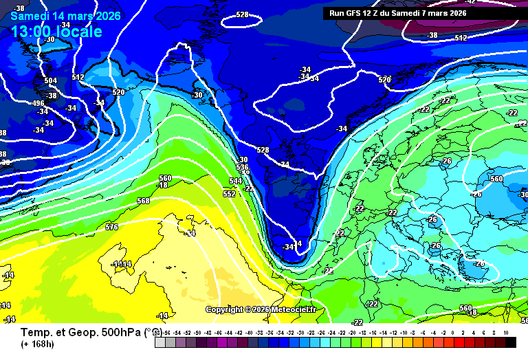 alexmegapc's tweet photo. GFS12Z continua fortíssim de cara el cap de setmana que ve amb un embossament fred molt potent a 500 hPa de fins -34, en primavera on el sol ja escalfa molt més fort, una bossa així pot generar una convecció molt important, amb precipitacions que serien convectives, tempestes i nevada on la cota podria baixar molt per desplome, estem parlant a 168 h, per tant, queda un món, i la incertesa és elevadíssima, però els dos grans van ensenyant la poteta, veurem. #meteo